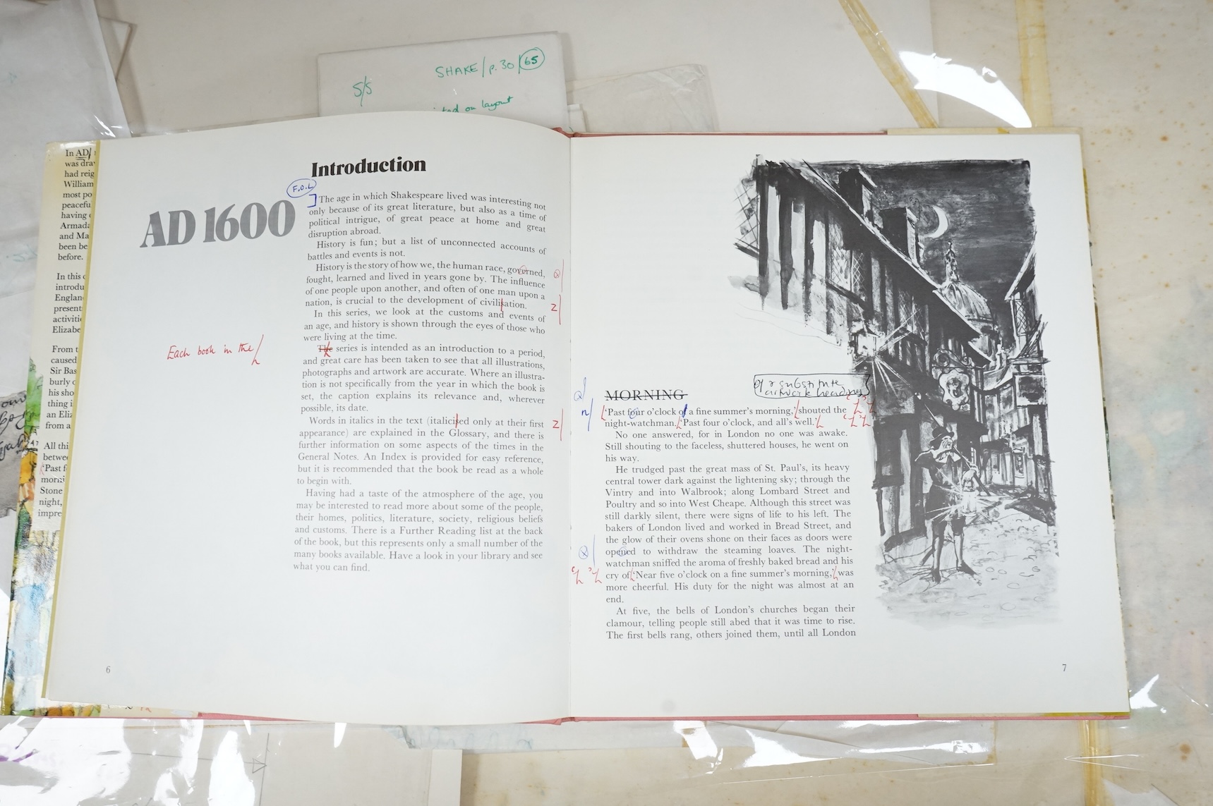 Gordon King, a collection of original illustrations for 'One day in Shakespeare's England' to include a copy of William Shakespeare's signature, The Globe Theatre and figures in 17th century dress, largest 45 x 95cm, unf
